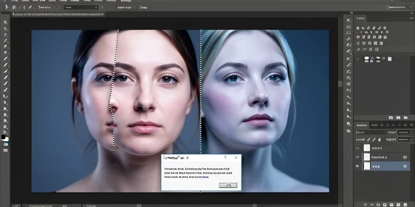 A split before-and-after portrait on a Photoshop canvas, left half showing a woman's original face and right half showing a completely different AI-generated face in the same pose. A small floating Contextual Task Bar sits below the selection with the typed prompt visible. The setting is the Photoshop workspace with dark grey panels framing the canvas. Fine selection marching-ants outline the face region. Soft cool studio light falls from the upper left, modeling the cheekbones evenly and leaving gentle shadow under the jaw. The mood is clinical and revealing, showing that the returned face is a stranger rather than the intended person.