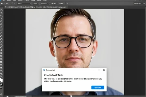 A close crop of a Photoshop canvas showing a man's head with a precise Lasso selection hugging only the face, deliberately excluding the hairline and the arms of his glasses. The floating Contextual Task Bar below the selection displays a typed text prompt and a blue Generate button. The setting is the editing workspace with a toolbar strip down the left edge. Crisp dotted selection lines trace the jaw and forehead. Even, neutral daylight from a front-facing window flattens shadows so the selection boundary reads clearly. The atmosphere is focused and instructional.