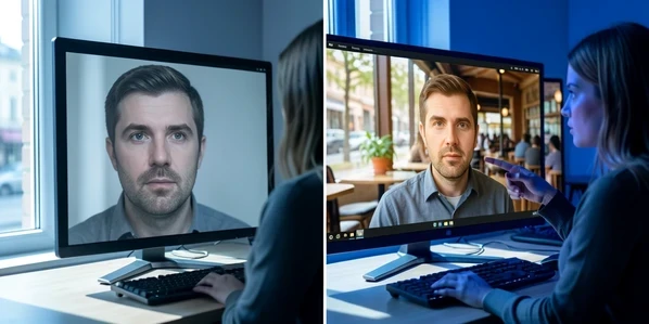 A split-screen comparison of two AI face swap attempts side by side, the left panel showing a failed swap where the output photo is identical to the original portrait of a man, the right panel showing a successful swap where his face is cleanly placed into a sunlit cafe scene. A woman editor points at the right panel on a large monitor. Soft cool daylight from a window on the left rakes across the desk, casting gentle shadows toward the keyboard, while the monitor glow adds a faint blue fill to her face. Focused, analytical atmosphere.
