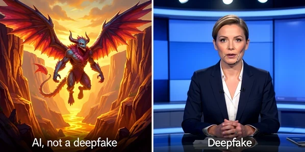 A side-by-side split frame, left panel a vivid AI-generated fantasy painting of an invented winged creature over a glowing canyon, right panel a video-still of a real-looking news anchor at a desk with a faint seam along the jawline hinting the face was swapped. A thin vertical divider separates them. Small captions in white sans-serif read "AI, not a deepfake" lower-left and "Deepfake" lower-right, both in sentence case. Left lit with warm saturated fantasy glow, right lit with cool flat broadcast studio light from above, editorial comparison mood, crisp and informative.
