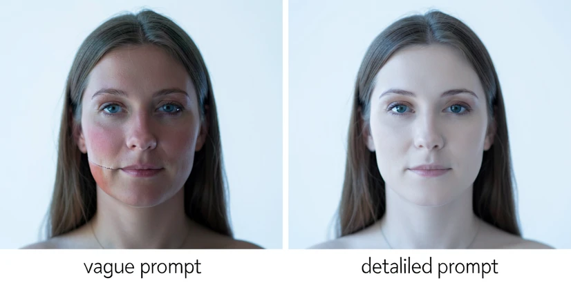 Side-by-side comparison of two AI face-swap results on a clean white background, the left frame labeled "vague prompt" showing a portrait with a visible seam along the jawline and mismatched warm and cool skin tones, the right frame labeled "detailed prompt" showing the same portrait with smooth blending and consistent lighting. Soft overhead studio lighting, neutral cool daylight tone, calm and analytical editorial mood.