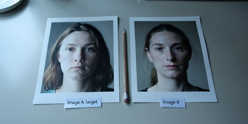 Two portrait photographs laid flat on a pale grey desk surface, one labeled with a small white tag reading "Image A target" in lowercase sans-serif and one labeled "Image B source". The portraits show neutral frontal faces under soft window light from the upper left, casting gentle shadows along the right cheeks. A thin pencil rests between them. Lighting is diffuse, slightly cool daylight, with a calm editorial atmosphere.