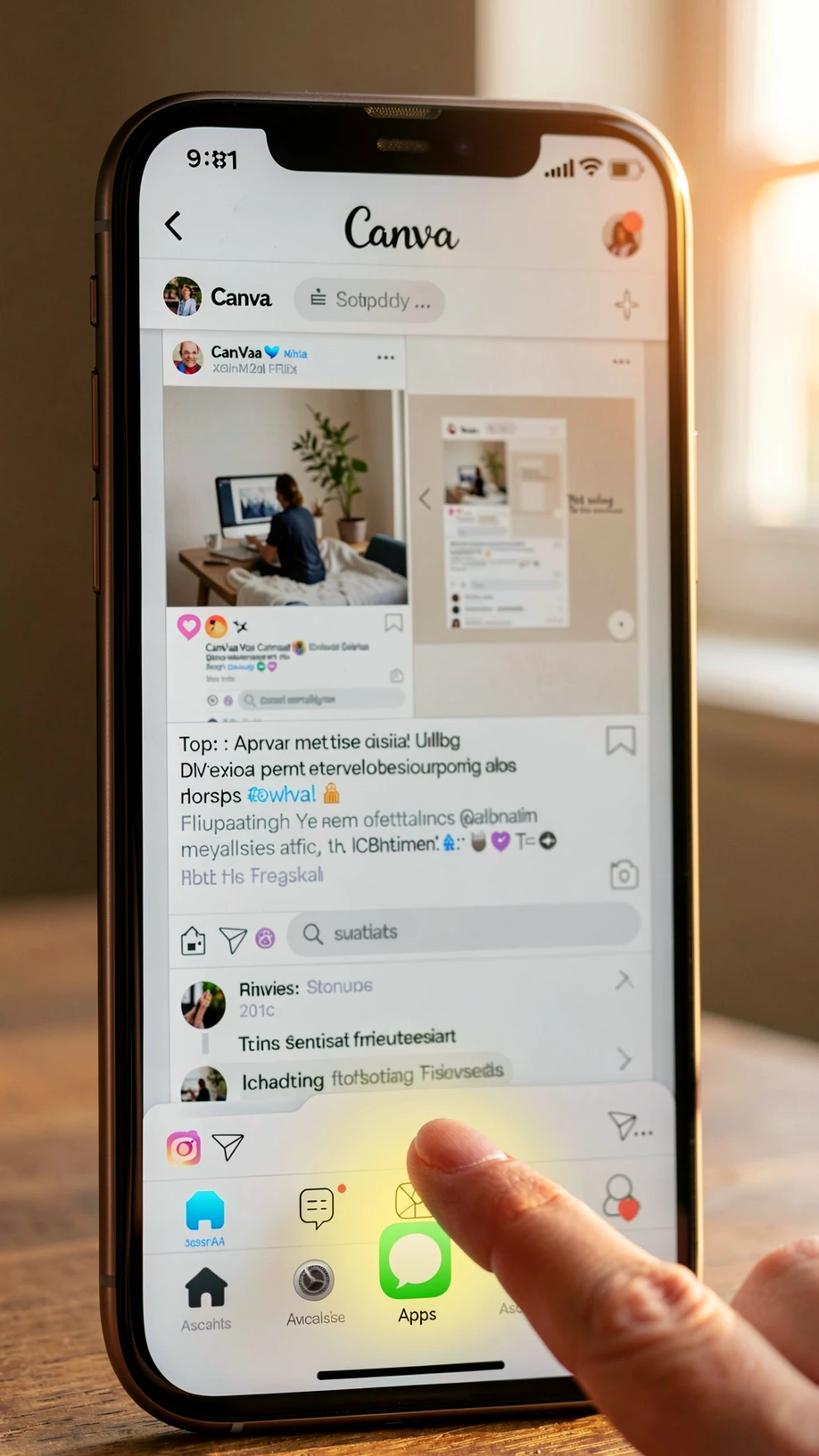 A vertical smartphone screen close-up showing the Canva mobile app editor in portrait orientation, with the bottom toolbar in sharp focus and the Apps icon highlighted with a soft yellow glow. Above the toolbar, a sample design canvas holds a partially built social media post. A thumb hovers near the bottom of the screen as if about to tap the icon. Soft warm window daylight from the right, gentle directional cast, falling on the phone bezel. Calm modern lifestyle atmosphere, clean editorial product photography style.