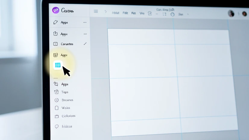 A laptop screen close-up showing the Canva editor interface, with the left-hand vertical sidebar in clear focus and the Apps icon, a small grid-style symbol, ringed by a soft yellow highlight glow. A cursor arrow rests just above the icon as if mid-click. The Canva canvas in the background holds a blank white design with faint blue alignment guides. Soft, even office daylight from the upper left, cool white temperature, falling cleanly on the matte laptop screen with no glare. Calm tutorial atmosphere, clean editorial product-shot style.
