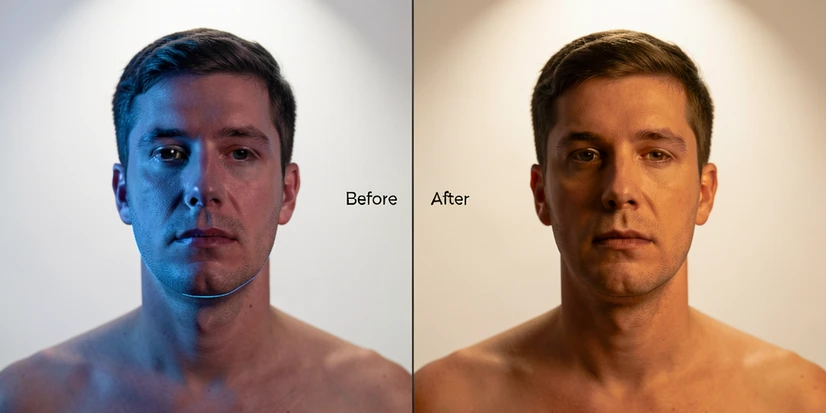 A horizontal split-frame comparing two face-swap outputs of the same scene. On the left, the swapped face shows a visible cool blue color cast and a hard edge along the jawline against a warm-toned target body. On the right, the same composition after color correction, with the face matched to the warm light and edges softened so it reads as a single photograph. A thin vertical divider separates the panels with small labels reading "Before" and "After" in clean dark sans-serif. Soft, diffused studio lighting from above, neutral white, falling evenly across both halves. Clean editorial documentary atmosphere.