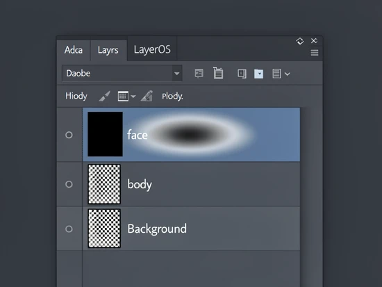 A close-up screenshot of the Adobe Photoshop Layers panel mid-edit, showing three stacked layers labeled 'face', 'body', and 'Background', with a black-and-white layer mask thumbnail attached to the highlighted 'face' layer revealing a soft elliptical gradient. The panel sits on a dark gray Photoshop interface backdrop. Lighting is even, soft cool screen glow from a calibrated monitor, no harsh reflections, slight depth of field falling off at the panel edges. Crisp UI rendering, sharp pixel-level type, neutral editorial product-shot atmosphere.
