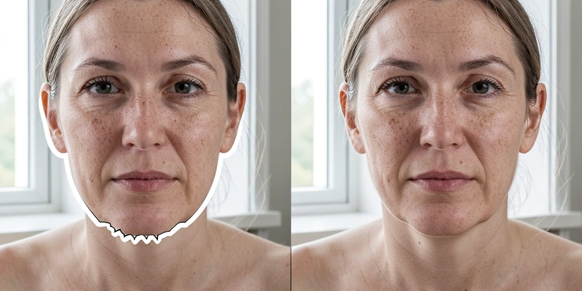 A horizontal split-screen Photoshop face swap comparison: left side shows a face composite cut out with a hard zero-feather selection, with a sharp jagged outline visible around the chin and temples and a thin bright halo where the face meets the body; right side shows the same composite cut with a 10px feathered Lasso selection, the edges dissolving softly into the body skin without any visible boundary. Even soft daylight from a north-facing window, neutral white balance, fine pore-level skin texture preserved, clean editorial tutorial atmosphere.