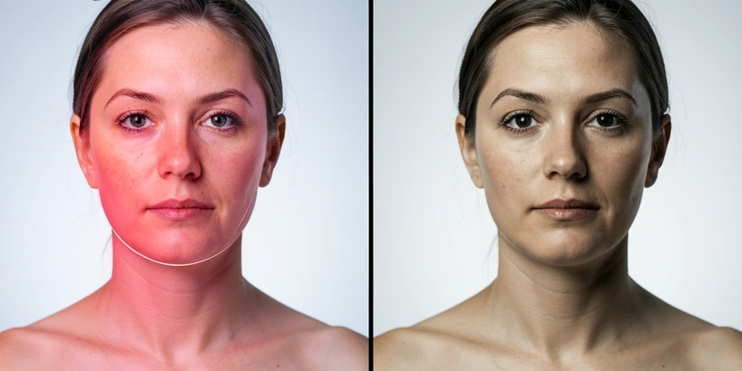 A horizontal before-and-after comparison of the same Photoshop face swap result, split down the center: left half shows a face composite with a noticeably warmer, pinker skin tone than the surrounding neck and shoulders, with a faint visible line along the jaw; right half shows the corrected version where the face skin tone matches the body, the seam has dissolved, and shadow values agree across the face and neck. Studio softbox lighting from upper left, soft and diffuse, cool neutral white balance, sharp portrait detail, clean editorial product-comparison atmosphere.