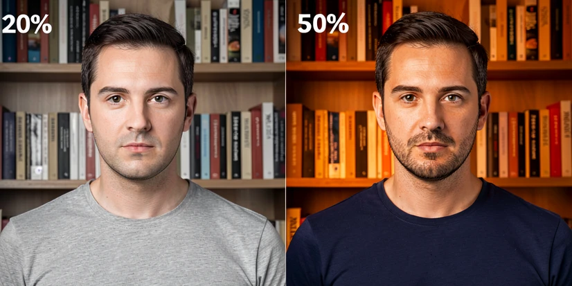 A side-by-side comparison composition showing the same headshot of a man in a grey shirt against a bookshelf processed twice by an AI face swap tool, on the left labeled '20%' with only the face changed and the bookshelf and shirt identical to the original, on the right labeled '50%' where the face is swapped but the bookshelf colors have shifted warmer and the shirt has changed to navy blue. The labels appear in white sans-serif text in the upper-left corner of each half. Even neutral studio lighting, no harsh shadows, clean editorial atmosphere that highlights the difference between the two outputs.