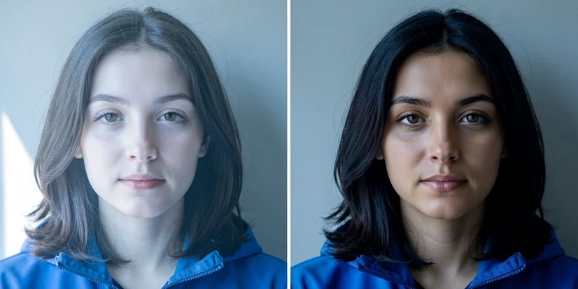A photographic before-and-after diptych showing on the left a young woman in a blue jacket photographed against a neutral wall with the top of her head and forehead cropped off above the eyebrows, and on the right the same image after AI outpainting with a complete generated head, dark shoulder-length hair, and matched skin tone. The two halves are separated by a thin vertical white line. Soft diffused window light from the front-left, cool daylight temperature around 5500K, gentle shadow under the jaw on both halves so the lighting feels continuous across the seam. Editorial portrait atmosphere, calm and clean.