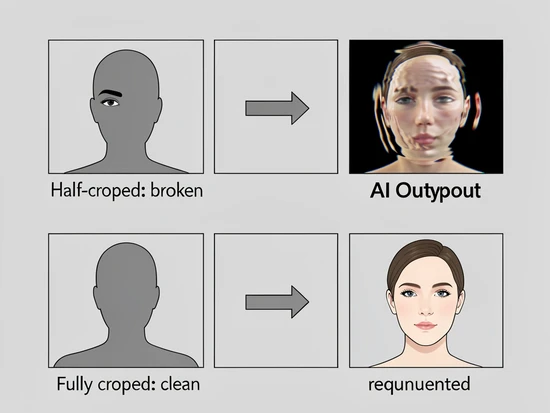A flat instructional diagram on a pale grey background showing two stacked rows of three thumbnail panels. The top row labeled 'Half-cropped: broken' shows a portrait silhouette with eyebrows and one eye visible, then an arrow, then a distorted AI output with smeared facial features. The bottom row labeled 'Fully cropped: clean' shows the same silhouette cropped at the shoulders with no head, then an arrow, then a clean reconstructed face. Black sans-serif labels under each panel. Flat soft even diffused lighting, neutral clinical infographic atmosphere with thin black outlines and minimal color accents.