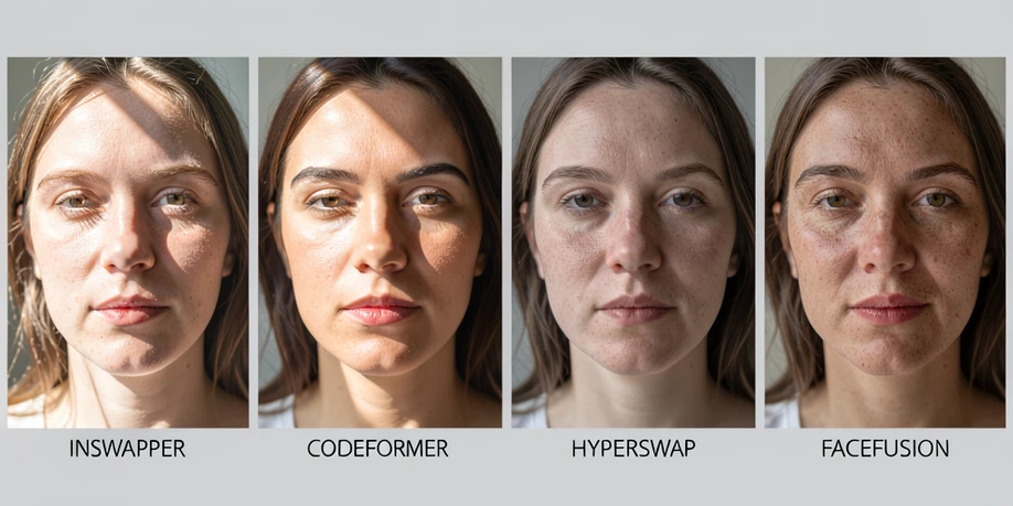 Four cropped portrait outputs of the same face swap arranged in a horizontal strip on a neutral light gray background, each panel labeled in small black sans-serif text underneath reading "INSWAPPER", "CODEFORMER", "HYPERSWAP", and "FACEFUSION" in uppercase. Even soft daylight from the upper left falls across each face equally, revealing differences in skin texture, lip area, and hairline between the four results. Editorial product comparison atmosphere, calm and analytical.