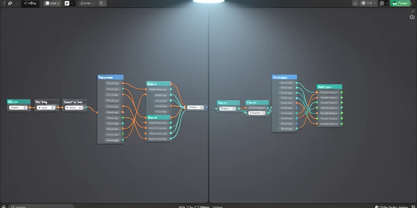 A wide horizontal screenshot of a ComfyUI canvas split down the middle, with the ReActor face swap node group on the left and the FaceFusion node group on the right, both wired into the same image input and connected to a side-by-side preview output. Soft cool monitor light from a single overhead source falls evenly across the dark gray canvas, picking out the colored node sockets and orange and teal connection wires. Editorial software-screenshot atmosphere, crisp and informational.