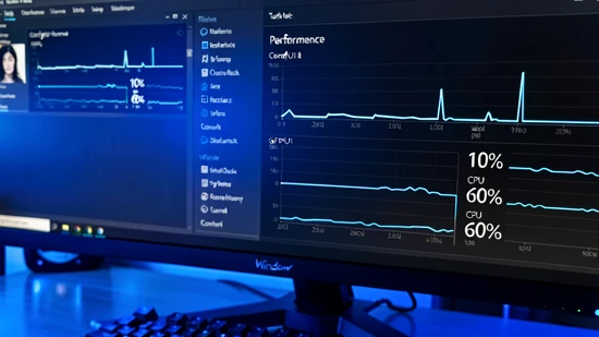 A close-up screenshot of a Windows Task Manager performance panel covering the right two-thirds of a monitor, with the GPU graph reading 10 percent and the CPU graph reading 60 percent during a ComfyUI face restore step visible in the smaller left window. Cool blue monitor light falls on the panel, bright graph lines glow against a dark UI, and a faint reflection of a desk and keyboard sits in the lower edge. Diagnostic, technical photography style, clean and unembellished.