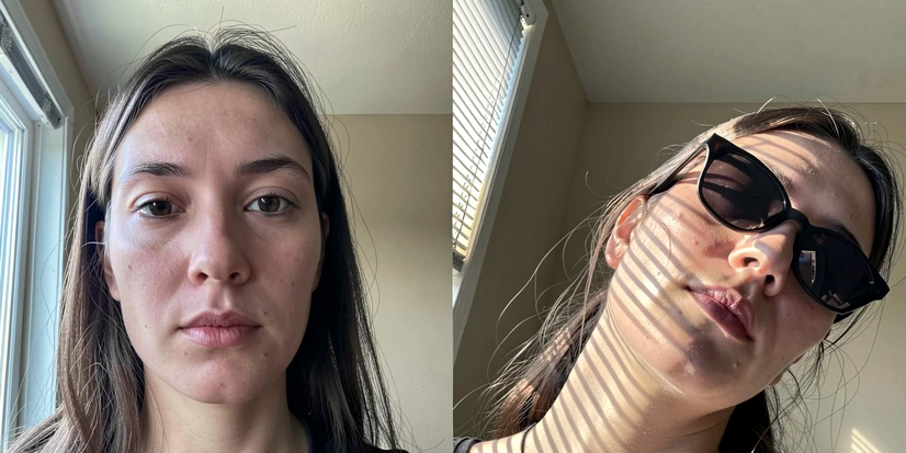 A horizontal comparison of two smartphone selfies side by side, each one cropped to the same aspect ratio. The left frame shows a clear front-facing selfie of a person looking straight into the camera, the face filling roughly a third of the frame, eyes visible, no glasses or hat, against a soft beige interior wall. The right frame shows the same person but tilted three-quarter view with sunglasses on, partially shadowed by a window blind, the face occupying only a small corner. Soft, even daylight from a north-facing window on the left example, harsh slanted afternoon sun on the right. Cool neutral atmosphere, documentary photography style, sharp realistic detail in skin texture.
