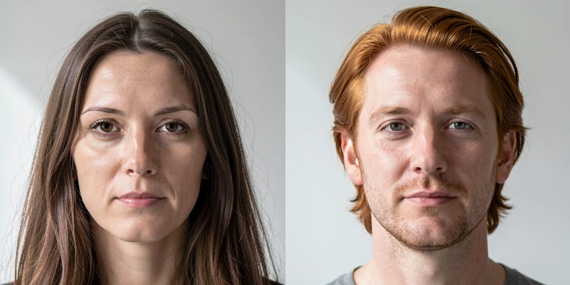 A side-by-side photo comparison showing the same swap performed twice on identical inputs, the left frame is a face-only swap with the original long brown hair and square jawline still framing a swapped inner face, the right frame is a true head swap where the entire head including hair color, hairline, and jawline now belongs to the source person, displayed against a clean studio backdrop, lit by soft diffused daylight from the upper left producing gentle shadows under the chin, calm editorial atmosphere.