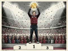An athlete stands triumphantly on the top step of an Olympic-style podium, holding a gold medal aloft with both hands, wearing a national team tracksuit, surrounded by a roaring stadium crowd blurred in the background, bright arena floodlights from above casting sharp highlights on the medal and the athlete's face, confetti drifting through the air, atmosphere jubilant and historic. Editorial illustration in the visual language of newsprint broadsheet, evoking 1980s ink and serif columns on cream paper. Palette: #F1EBDB ground, #1B1816 ink, #8B0000 primary highlight, #2A2A26 supporting hue. Soft printed daylight with paper grain. Style: newsprint broadsheet. Mood: solemn.