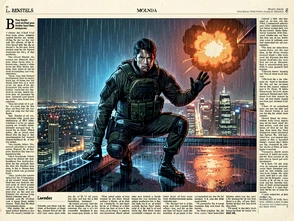 A lone action hero in tactical gear crouches on the rooftop of a rain-slicked skyscraper at night, city lights glittering far below, one hand gripping a ledge and the other raised in a ready stance, the face illuminated by a cool blue ambient glow from the city below contrasted with a warm orange explosion flare in the distant background, atmosphere tense and cinematic. Editorial illustration in the visual language of newsprint broadsheet, evoking 1980s ink and serif columns on cream paper. Palette: #F1EBDB ground, #1B1816 ink, #8B0000 primary highlight, #2A2A26 supporting hue. Soft printed daylight with paper grain. Style: newsprint broadsheet. Mood: solemn.