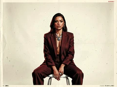 A confident person sits on a sleek white studio stool against a clean ivory backdrop, styled in bold editorial fashion with a structured blazer and statement jewelry, gazing directly into the camera with a composed expression, overhead softbox light diffused evenly across the face and shoulders, the composition framed like a high-fashion magazine cover with generous negative space at the top, atmosphere polished and aspirational. Editorial illustration in the visual language of newsprint broadsheet, evoking 1980s ink and serif columns on cream paper. Palette: #F1EBDB ground, #1B1816 ink, #8B0000 primary highlight, #2A2A26 supporting hue. Soft printed daylight with paper grain. Style: newsprint broadsheet. Mood: solemn.