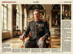 A regal figure in formal royal attire — a tailored military dress uniform adorned with medals — sits upright in an ornate gilded chair inside a grand palace hall, oil paintings and tall arched windows visible in the background, soft natural daylight streaming in from the left casting warm tones across the face and uniform, the setting conveying centuries of tradition, atmosphere dignified and ceremonial. Editorial illustration in the visual language of newsprint broadsheet, evoking 1980s ink and serif columns on cream paper. Palette: #F1EBDB ground, #1B1816 ink, #8B0000 primary highlight, #2A2A26 supporting hue. Soft printed daylight with paper grain. Style: newsprint broadsheet. Mood: solemn.