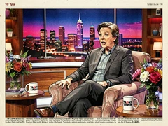 A guest sits relaxed in a plush armchair on a brightly lit late-night talk show set, leaning slightly forward mid-conversation with an animated expression, the host's desk and a colorful city-skyline backdrop visible behind them, warm studio key lights from the front and sides creating an even, flattering glow on the face, the set dressed with fresh flowers and branded mugs, atmosphere lively and conversational. Editorial illustration in the visual language of newsprint broadsheet, evoking 1980s ink and serif columns on cream paper. Palette: #F1EBDB ground, #1B1816 ink, #8B0000 primary highlight, #2A2A26 supporting hue. Soft printed daylight with paper grain. Style: newsprint broadsheet. Mood: solemn.