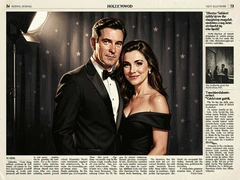 A well-dressed couple stands close together in front of a classic Hollywood studio backdrop, the man in a sharp black tuxedo and the woman in an elegant off-shoulder gown, both smiling warmly at the camera, soft studio key light from the upper left casting gentle fill across their faces, the background a deep charcoal curtain with subtle star motifs, atmosphere intimate and cinematic. Editorial illustration in the visual language of newsprint broadsheet, evoking 1980s ink and serif columns on cream paper. Palette: #F1EBDB ground, #1B1816 ink, #8B0000 primary highlight, #2A2A26 supporting hue. Soft printed daylight with paper grain. Style: newsprint broadsheet. Mood: solemn.