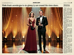 Two elegantly dressed figures stand side by side on a glittering awards-show stage, the woman in a deep red gown and the man in a classic black tuxedo, both holding golden statuettes and smiling at the camera, the stage backdrop a cascade of golden curtains under warm amber spotlights, the scene composed symmetrically with equal space given to each figure, atmosphere celebratory and cinematic. Editorial illustration in the visual language of newsprint broadsheet, evoking 1980s ink and serif columns on cream paper. Palette: #F1EBDB ground, #1B1816 ink, #8B0000 primary highlight, #2A2A26 supporting hue. Soft printed daylight with paper grain. Style: newsprint broadsheet. Mood: solemn.