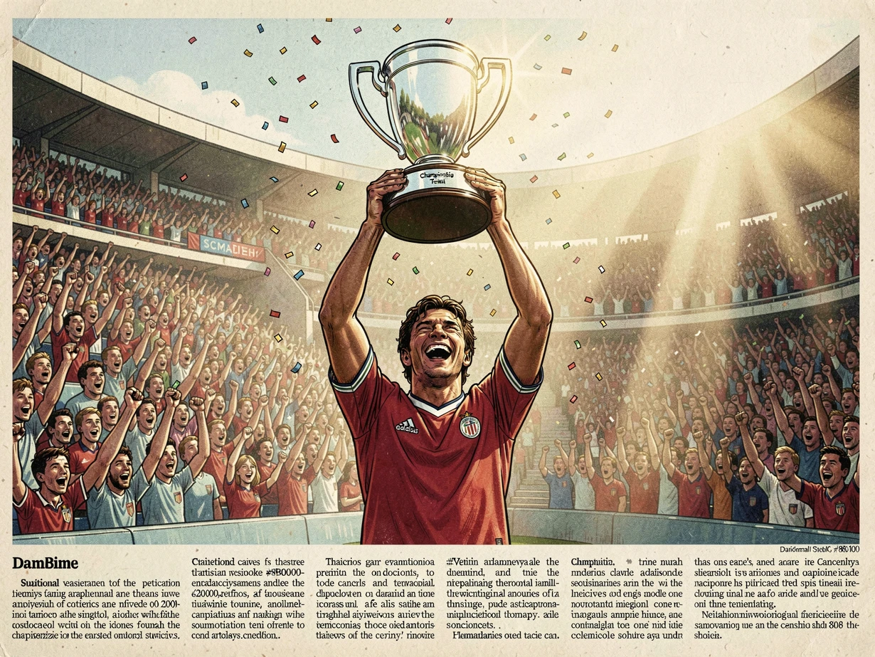 A triumphant athlete in a national team jersey raises a championship trophy overhead with both hands on a sunlit stadium pitch, thousands of cheering fans filling the stands behind them, the trophy gleaming under bright afternoon sunlight streaming from the upper right, the athlete's face caught in a wide joyful expression, confetti falling around the scene, atmosphere euphoric and historic. Editorial illustration in the visual language of newsprint broadsheet, evoking 1980s ink and serif columns on cream paper. Palette: #F1EBDB ground, #1B1816 ink, #8B0000 primary highlight, #2A2A26 supporting hue. Soft printed daylight with paper grain. Style: newsprint broadsheet. Mood: solemn.