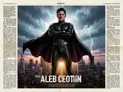 A heroic figure in a sleek dark superhero suit stands with arms crossed against a stormy city skyline at dusk, cape billowing in the wind, expression resolute and commanding, the city lights below casting an upward warm glow on the lower face while cool blue-grey storm clouds backlight the silhouette, composition centered and monumental like a blockbuster movie poster, atmosphere tense and cinematic. Editorial illustration in the visual language of newsprint broadsheet, evoking 1980s ink and serif columns on cream paper. Palette: #F1EBDB ground, #1B1816 ink, #8B0000 primary highlight, #2A2A26 supporting hue. Soft printed daylight with paper grain. Style: newsprint broadsheet. Mood: solemn.