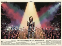 A pop star performs center stage in a packed arena, microphone in hand, wearing a glittering costume that catches the sweeping colored stage lights, the crowd a sea of raised phones and waving arms stretching into the dark background, dramatic backlit haze from fog machines creating a luminous silhouette effect, a single warm spotlight isolating the performer's face, atmosphere electric and euphoric. Editorial illustration in the visual language of newsprint broadsheet, evoking 1980s ink and serif columns on cream paper. Palette: #F1EBDB ground, #1B1816 ink, #8B0000 primary highlight, #2A2A26 supporting hue. Soft printed daylight with paper grain. Style: newsprint broadsheet. Mood: solemn.