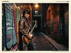 A rock musician leans against a graffiti-covered brick wall in a narrow urban alley, wearing a worn leather jacket and dark jeans, guitar slung over one shoulder, expression brooding and cool, the scene lit by a single overhead street lamp casting a warm amber pool of light on the face while the surrounding alley fades into deep shadow, atmosphere gritty and nostalgic, evoking 1970s rock photography. Editorial illustration in the visual language of newsprint broadsheet, evoking 1980s ink and serif columns on cream paper. Palette: #F1EBDB ground, #1B1816 ink, #8B0000 primary highlight, #2A2A26 supporting hue. Soft printed daylight with paper grain. Style: newsprint broadsheet. Mood: solemn.