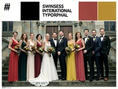 A wedding party of ten people — bride, groom, bridesmaids, and groomsmen — standing in a straight line on a stone church steps, dressed in coordinated formal attire, each face clearly visible and sharply focused, soft natural daylight diffused through overcast sky creating even flattering illumination, elegant and celebratory atmosphere with floral bouquets adding color. Swiss International Typographic Style poster aesthetic, modular grid composition with flat geometric color blocks and decoration-free surfaces. Palette built on #FFFFFF, #0F0F0F, #E63946, and #FFD700, with no gradients. Even diffused studio lighting, crisp edges, minimal shadow falloff. Style: Swiss grid poster. Mood: precise and authoritative.