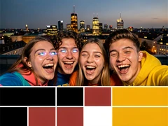Four young adults crowding together for a close-up selfie on a rooftop at dusk, city skyline glowing behind them, all laughing and leaning into the frame, wearing colorful streetwear, faces fully lit by the warm ambient glow of the city lights and a subtle ring-light reflection in their eyes, vibrant and energetic urban mood. Swiss International Typographic Style poster aesthetic, modular grid composition with flat geometric color blocks and decoration-free surfaces. Palette built on #FFFFFF, #0F0F0F, #E63946, and #FFD700, with no gradients. Even diffused studio lighting, crisp edges, minimal shadow falloff. Style: Swiss grid poster. Mood: precise and authoritative.