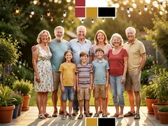 A large multigenerational family of eight adults and children standing together on a sunlit backyard patio, smiling toward the camera, wearing casual summer clothes, surrounded by string lights and potted plants, warm golden-hour sunlight falling evenly across all faces, shallow depth of field separating the group from a blurred garden background, candid and joyful atmosphere. Swiss International Typographic Style poster aesthetic, modular grid composition with flat geometric color blocks and decoration-free surfaces. Palette built on #FFFFFF, #0F0F0F, #E63946, and #FFD700, with no gradients. Even diffused studio lighting, crisp edges, minimal shadow falloff. Style: Swiss grid poster. Mood: precise and authoritative.