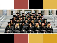 Thirty graduates in black caps and gowns arranged in five tiered rows on outdoor bleachers in front of a university building, every face visible and in sharp focus, bright midday sunlight softened by a thin cloud layer providing even diffused illumination across the entire group, proud and celebratory academic atmosphere with colorful tassels catching the light. Swiss International Typographic Style poster aesthetic, modular grid composition with flat geometric color blocks and decoration-free surfaces. Palette built on #FFFFFF, #0F0F0F, #E63946, and #FFD700, with no gradients. Even diffused studio lighting, crisp edges, minimal shadow falloff. Style: Swiss grid poster. Mood: precise and authoritative.