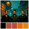 Three people standing in a dimly lit urban street scene with a cinematic teal-and-orange color grade applied uniformly, each face illuminated by a warm practical streetlamp from above while cool blue ambient light fills the shadows, sharp facial detail against a softly blurred background, a polished Hollywood film production atmosphere with precise color contrast. Swiss International Typographic Style poster aesthetic, modular grid composition with flat geometric color blocks and decoration-free surfaces. Palette built on #FFFFFF, #0F0F0F, #E63946, and #FFD700, with no gradients. Even diffused studio lighting, crisp edges, minimal shadow falloff. Style: Swiss grid poster. Mood: precise and authoritative.