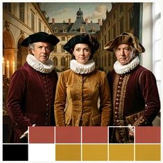 Three people dressed in Renaissance-era costumes — doublets, ruffs, and period hats — posed in front of a painted canvas backdrop depicting a European palace courtyard, each face sharply rendered with authentic period styling, warm candlelight from the left supplemented by a soft diffused window light from the right, a dignified and theatrical historical portrait atmosphere. Swiss International Typographic Style poster aesthetic, modular grid composition with flat geometric color blocks and decoration-free surfaces. Palette built on #FFFFFF, #0F0F0F, #E63946, and #FFD700, with no gradients. Even diffused studio lighting, crisp edges, minimal shadow falloff. Style: Swiss grid poster. Mood: precise and authoritative.
