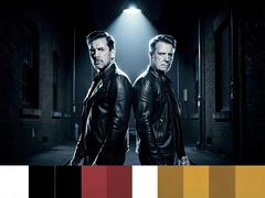 Two actors standing back-to-back in dramatic action poses against a dark urban alley at night, wearing leather jackets, faces fully illuminated by a single overhead streetlamp casting strong directional cool-white light with subtle rim lighting separating them from the shadowy background, cinematic and tense atmosphere evoking a thriller film poster. Swiss International Typographic Style poster aesthetic, modular grid composition with flat geometric color blocks and decoration-free surfaces. Palette built on #FFFFFF, #0F0F0F, #E63946, and #FFD700, with no gradients. Even diffused studio lighting, crisp edges, minimal shadow falloff. Style: Swiss grid poster. Mood: precise and authoritative.