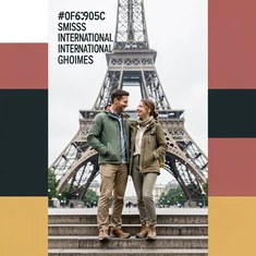 A man and a woman standing together on the steps of the Eiffel Tower, smiling and looking at each other, dressed in smart casual travel clothes, soft overcast Parisian daylight providing even cool-white illumination across both faces with no harsh shadows, the iconic iron lattice structure rising behind them in sharp detail, romantic and adventurous travel photography atmosphere. Swiss International Typographic Style poster aesthetic, modular grid composition with flat geometric color blocks and decoration-free surfaces. Palette built on #FFFFFF, #0F0F0F, #E63946, and #FFD700, with no gradients. Even diffused studio lighting, crisp edges, minimal shadow falloff. Style: Swiss grid poster. Mood: precise and authoritative.