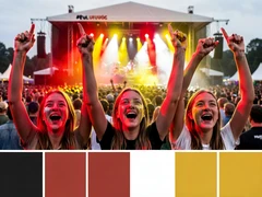 Three friends at an outdoor music festival raising their arms and cheering, colorful stage lights in red, yellow, and white washing over their faces from the front, a blurred crowd and stage visible behind them, each face fully illuminated and expressive, dynamic and euphoric live-event atmosphere captured at the peak of the performance. Swiss International Typographic Style poster aesthetic, modular grid composition with flat geometric color blocks and decoration-free surfaces. Palette built on #FFFFFF, #0F0F0F, #E63946, and #FFD700, with no gradients. Even diffused studio lighting, crisp edges, minimal shadow falloff. Style: Swiss grid poster. Mood: precise and authoritative.