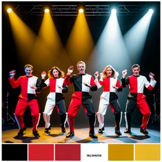 Five performers on a neon-lit stage mid-dance, each wearing bold color-blocked outfits in red, white, and black, faces fully illuminated by front-facing stage spotlights in warm yellow and cool white, dynamic motion blur on their bodies while faces remain sharp, a high-energy pop music video production atmosphere with a dark stage background and dramatic lighting contrast. Swiss International Typographic Style poster aesthetic, modular grid composition with flat geometric color blocks and decoration-free surfaces. Palette built on #FFFFFF, #0F0F0F, #E63946, and #FFD700, with no gradients. Even diffused studio lighting, crisp edges, minimal shadow falloff. Style: Swiss grid poster. Mood: precise and authoritative.