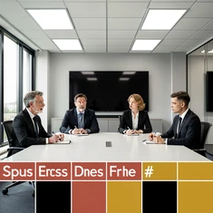 Four actors seated around a conference table in a sleek modern office set, each person in business attire with a distinct expression — one speaking, one listening, two taking notes — faces fully lit by overhead fluorescent panels supplemented by large window daylight from the left, a polished television drama production atmosphere with sharp focus on every character. Swiss International Typographic Style poster aesthetic, modular grid composition with flat geometric color blocks and decoration-free surfaces. Palette built on #FFFFFF, #0F0F0F, #E63946, and #FFD700, with no gradients. Even diffused studio lighting, crisp edges, minimal shadow falloff. Style: Swiss grid poster. Mood: precise and authoritative.