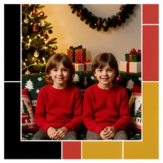 Two children sitting side by side on a decorated Christmas sofa, wearing matching red sweaters, each child's face clearly visible and sharply focused, warm indoor incandescent light from a nearby Christmas tree casting a soft golden glow across both faces, a cozy festive living room with wrapped gifts and garland in the background, cheerful and intimate holiday atmosphere. Swiss International Typographic Style poster aesthetic, modular grid composition with flat geometric color blocks and decoration-free surfaces. Palette built on #FFFFFF, #0F0F0F, #E63946, and #FFD700, with no gradients. Even diffused studio lighting, crisp edges, minimal shadow falloff. Style: Swiss grid poster. Mood: precise and authoritative.