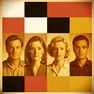 A group of four people in a vintage-style photograph with warm amber color grading and visible film grain texture across the entire image, each face softly lit by diffused warm incandescent light, slightly faded tones and subtle vignetting at the corners, a nostalgic mid-century photographic atmosphere with a unified aged look across all subjects. Swiss International Typographic Style poster aesthetic, modular grid composition with flat geometric color blocks and decoration-free surfaces. Palette built on #FFFFFF, #0F0F0F, #E63946, and #FFD700, with no gradients. Even diffused studio lighting, crisp edges, minimal shadow falloff. Style: Swiss grid poster. Mood: precise and authoritative.