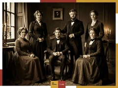 Five people dressed in Victorian-era formal attire seated and standing around an ornate wooden chair in a dimly lit parlor, each face sharply rendered with period-accurate hairstyles and clothing, warm sepia-toned candlelight and a single window casting soft directional natural light across the group, a nostalgic and dignified nineteenth-century photographic studio atmosphere. Swiss International Typographic Style poster aesthetic, modular grid composition with flat geometric color blocks and decoration-free surfaces. Palette built on #FFFFFF, #0F0F0F, #E63946, and #FFD700, with no gradients. Even diffused studio lighting, crisp edges, minimal shadow falloff. Style: Swiss grid poster. Mood: precise and authoritative.
