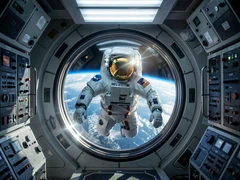 An astronaut in a white NASA-style spacesuit floating inside a space station module with Earth's curved blue horizon visible through a circular porthole window, cool diffused white LED lighting from overhead, reflective visor catching a glint of sunlight, technical equipment panels lining the walls, photorealistic sci-fi documentary style.