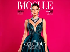 A glamorous figure posed on a high-fashion magazine cover set against a bold solid-color studio backdrop, wearing an elegant designer gown with dramatic jewelry, lit by a large softbox from the front creating flawless even illumination, sharp editorial focus, vibrant saturated colors, high-end fashion photography aesthetic.