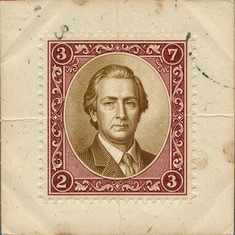 A vintage postage stamp design with a centered portrait framed by a decorative perforated border, printed in sepia and deep red tones on aged cream paper, flat diffused overhead lighting, fine engraving texture visible across the portrait area, philatelic collectible aesthetic with a worn paper background.