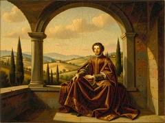 A figure draped in flowing Renaissance-era robes of deep crimson and gold seated in a stone archway overlooking a Tuscan landscape with rolling hills and cypress trees, painted in the manner of a 15th-century Italian master with soft sfumato shading, warm golden afternoon light, and fine craquelure texture across the surface.