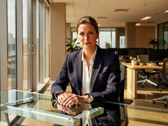 A confident professional in a tailored navy blazer sitting at a modern glass desk, looking directly at the camera with a composed expression, inside a bright open-plan office with floor-to-ceiling windows, soft natural daylight streaming from the left casting gentle shadows, warm neutral tones, clean editorial corporate photography style.